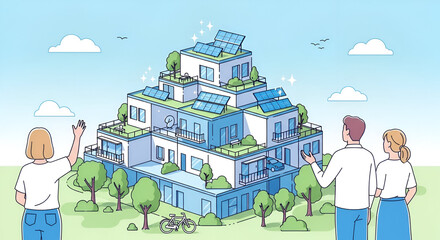 People looking at a large eco friendly house