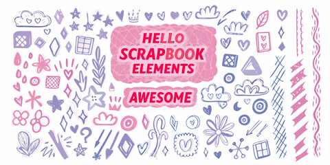 Colorful doodle illustrations with the words hello scrapbook and awesome