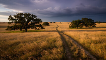 Obraz premium Winding Dirt Road Through Golden Grassland Under Dramatic Sky