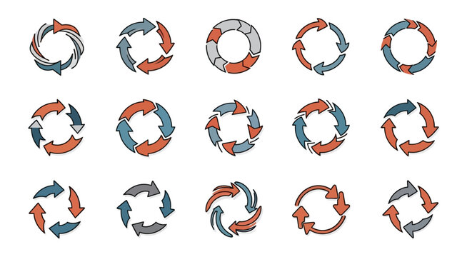 Circular arrow icons set. Refresh, reload, cycle, process, loop, and rotation symbols.