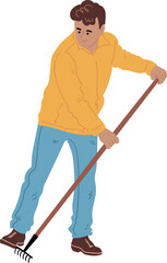 Vector illustration of a young man raking. A flat illustration perfect for gardening, nature, or lifestyle themes.