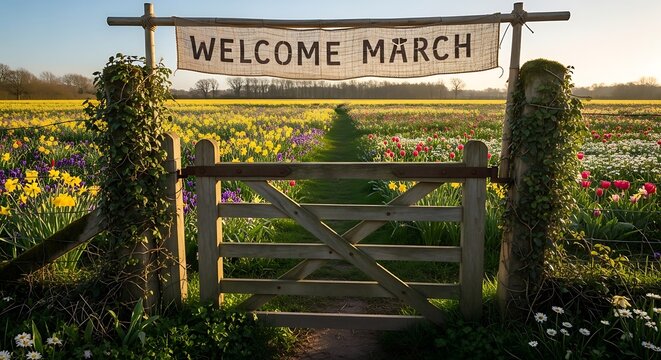 Welcome March wooden sign in blooming spring field with yellow flowers and rustic fence