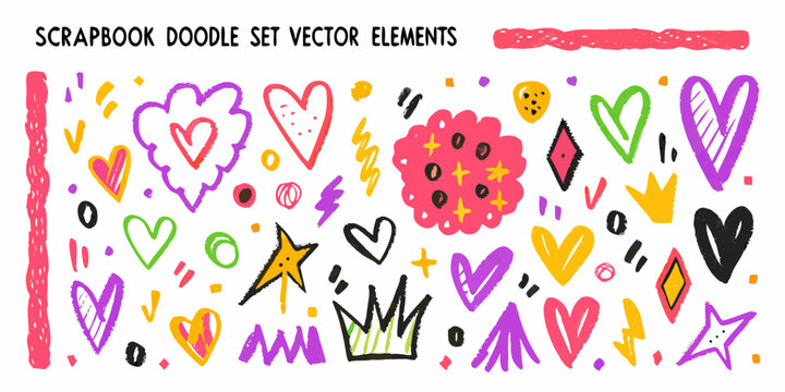 Colorful hand drawn scrapbook doodle elements and vector illustrations collection