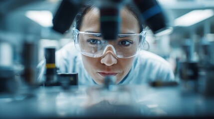 Fototapeta premium Scientist examines samples under microscope in laboratory setting during daytime research session