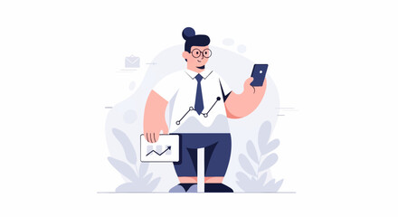 Obraz premium Stylized person with glasses, tie, and shirt, holding phone and chart