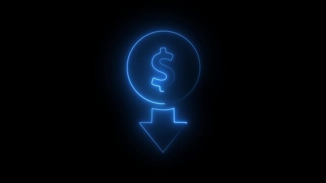 Glowing Blue Dollar Sign with Downward Arrow on Black Background Finance Concept neon effect