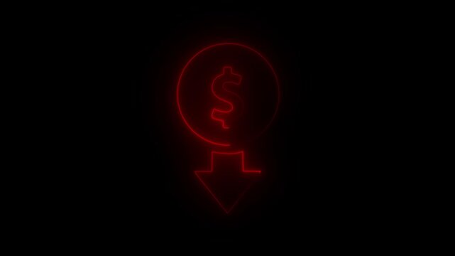 Glowing Red Dollar Sign with Downward Arrow on Black Background Symbolizing Financial Loss or Decrease in Currency Value