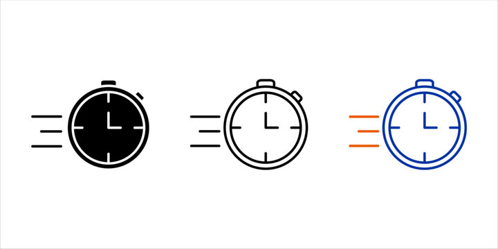 Set of stopwatch and speed timer icons in solid, outline, and color line style. Concept of fast delivery, deadline, quick service, and time management.