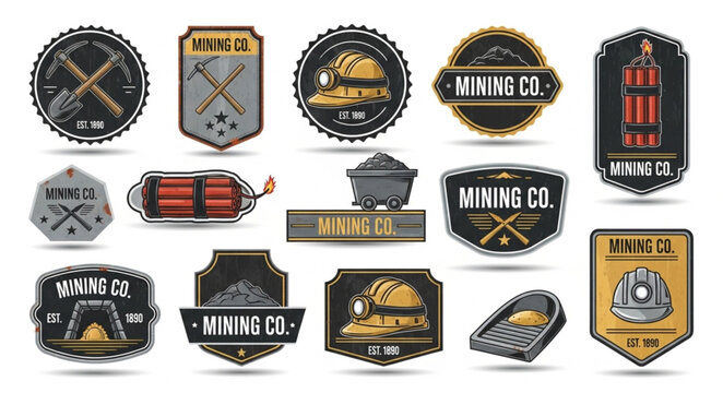 Collection of vintage mining company badges and emblems for design purposes.