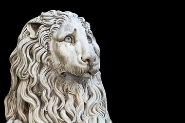 Obraz premium Sculpture of a medieval lion head of stone (Italy) - concept with copy space isolated on black for easy selection