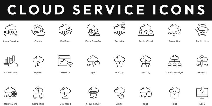 Cloud Service icon collection contains online, platform, data transfer, security, application, upload, download, sync, backup, hosting, storage, SaaS. Editable stroke vector illustration icon set