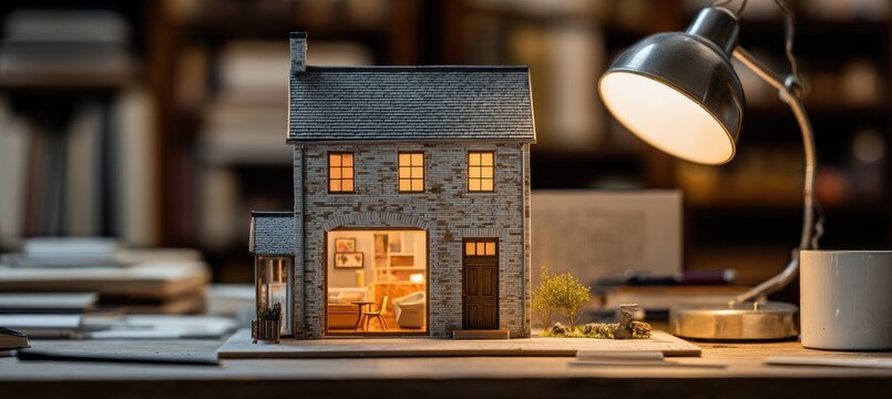 Model house with warm interior lights and desk lamp on a cluttered desk.