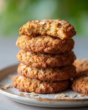 Stack of golden oatmeal cookies with visible oat flakes on a round plate, soft texture and bite taken out of the top cookie, blurred green background