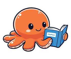 Cute cartoon illustration of an octopus smiling and reading a book © galih