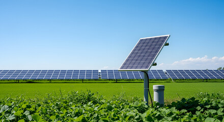 Solar panel in a field with a blue sky