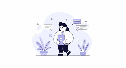 Cheerful person holding a tablet with plants and speech bubbles in a light purple and white minimalist style