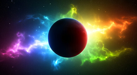 A dark planet with a colorful light show