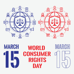 Obraz premium World Consumer Rights Day, March 15. Vector line art illustration set with globe, shield, justice scale, and connected shopping icons. Global consumer protection banner.