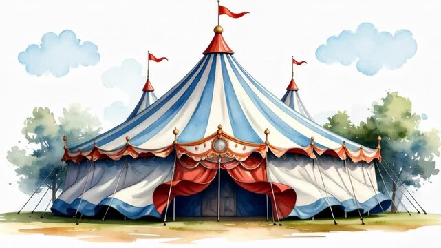 Whimsical watercolor circus tent with blue and white stripes and red flags under a cloudy sky