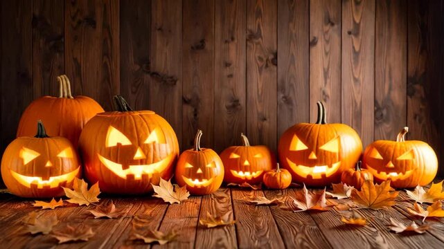 Collection of carved glowing Halloween pumpkins with autumn leaves on wooden background