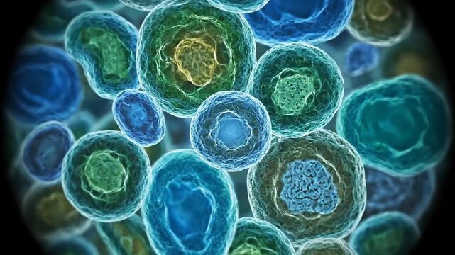 Microscopic view of a single blue biological cell