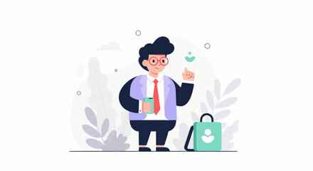 Cartoon character in business attire holds a phone, with a briefcase and plants nearby