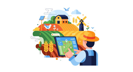 Naklejka premium Smart Farming: Farmer Using Tablet for Precision Agriculture Management and Field Mapping GPS Data