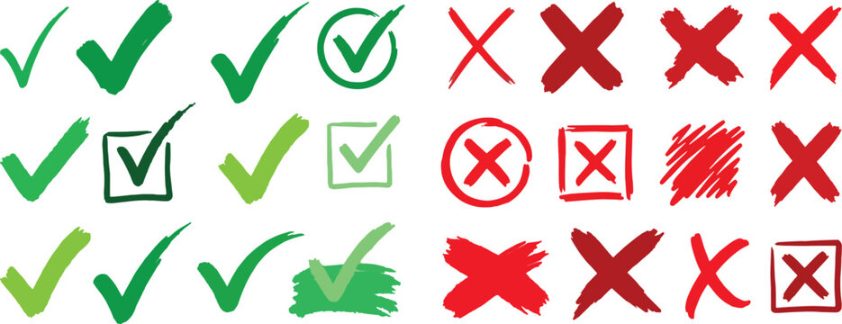 Green checkmarks and red crosses symbols on white background for approval and rejection concepts