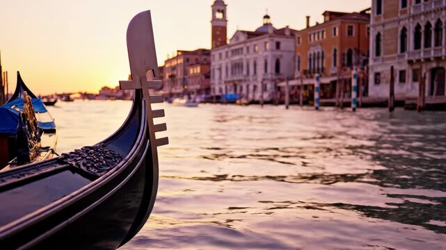 close up of gondola prow on grand canal in venice at sunset. romantic boat ride in italy. historic venetian architecture and water reflection. travel destination, tourism, european vacation.