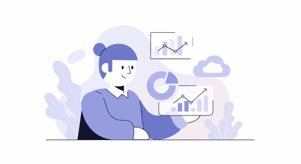 A person presents charts and graphs with cloud and plant elements