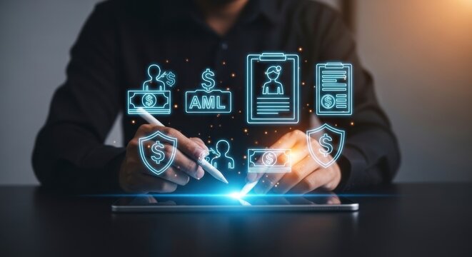 Professional using digital tablet for anti-money laundering and compliance management