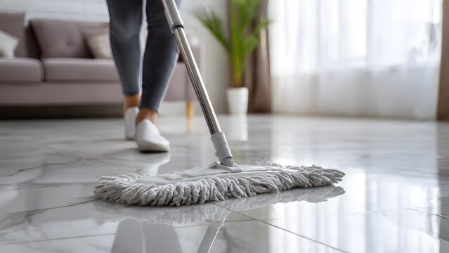 Close-up of a woman's legs and a mop cleaning a highly polished white tile floor in a modern, bright living room. Represents home hygiene.
