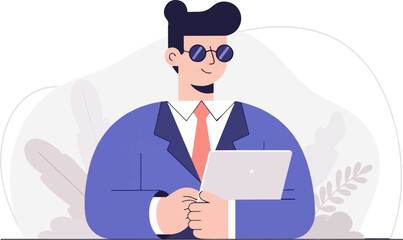 A smiling person in a suit and glasses holds a laptop