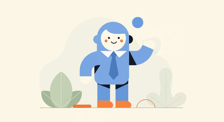 Obraz premium Cheerful cartoon character in blue suit, orange shoes, with ball