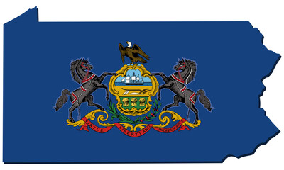 Detailed silhouette map of Pennsylvania featuring the official state flag and coat of arms, symbolizing American history, regional governance, and mid-Atlantic tradition (cut out)