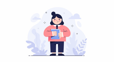 Fototapeta premium A stylized person in a pink top, dark pants, and tie holds a blue book, surrounded by soft blue floral shapes and clouds