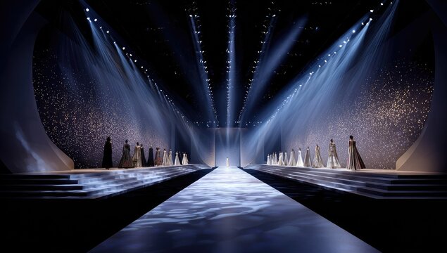 Fashion Show Runway with Dramatic Lighting and Models.
