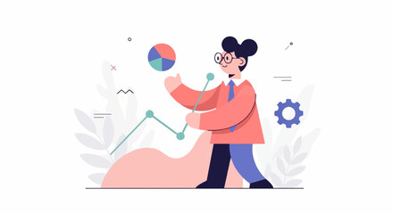 Obraz premium A person in a suit and glasses interacts with a line graph, pie chart, and gear symbol