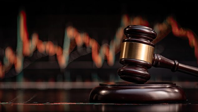 Gavel on a Stock Market Chart Background Symbolizing Financial Law and Justice.
