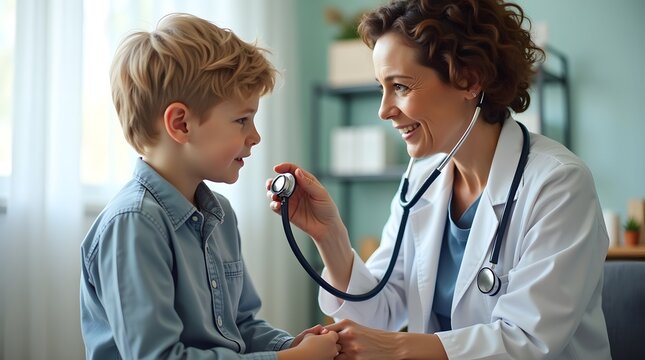 A friendly female doctor, with curly hair, conducts a check-up on a young boy in a welcoming office setting.