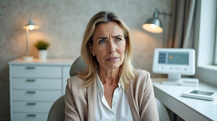 Pensive middle-aged woman reflecting in a modern office space, conveying a thoughtful mood.