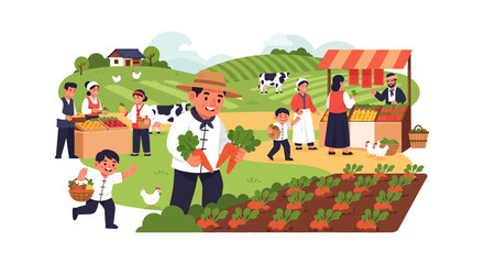 Fototapeta premium Happy Farmers Market Illustration: Family Selling Fresh Organic Produce, Vegetables, and Fruits at a Farm Stand with Rural Landscape Background