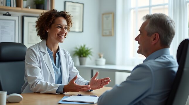 A cheerful female doctor engaging in conversation with a male patient in a bright office.