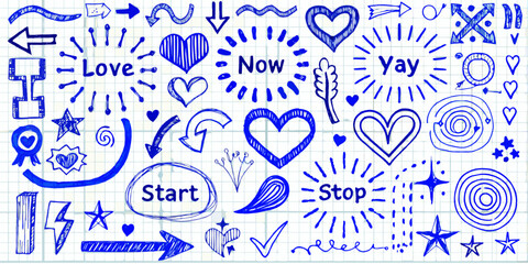 Obraz premium Hand drawn doodle set featuring arrows hearts and motivational words
