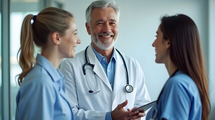 Fototapeta premium A smiling elderly male doctor with gray hair discusses with two young female nurses in scrubs, creating a friendly atmosphere.
