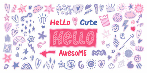 Colorful doodle collection featuring hearts stars and handwritten greetings © Ranu