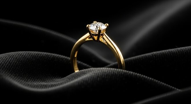 Elegant Gold Ring with Diamond on Black Satin Background