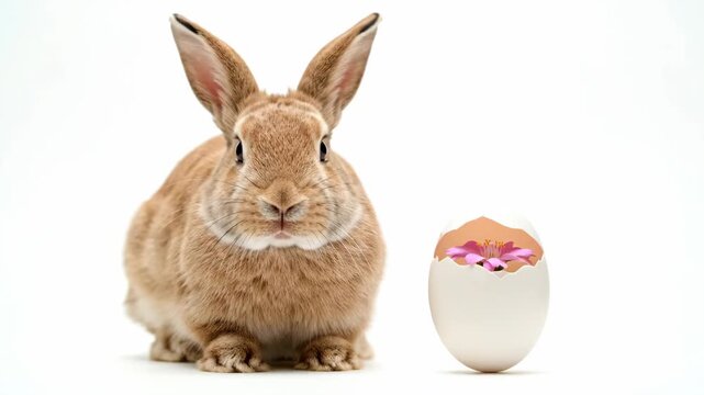 Brown rabbit sitting next to a cracked eggshell with a pink flower. Minimalist composition on a white background. Spring and new life concept