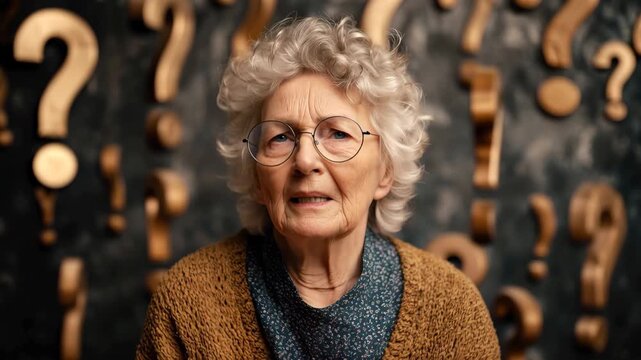 Elderly woman looks puzzled surrounded by wooden question marks in a cozy indoor setting with gentle lighting while contemplating a confusing thought