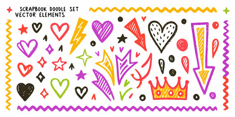 Colorful scrapbook doodle set with hearts stars and zigzag patterns